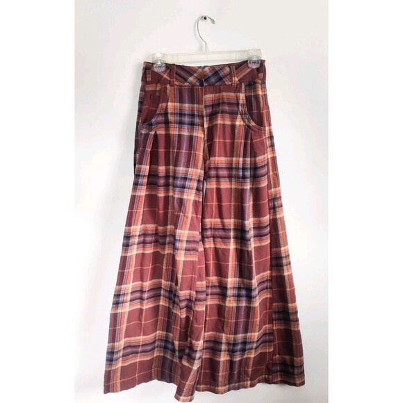 Free People Wide Leg Pants Size 0 Out Of Touch Extreme Plaid Pockets Burgundy - Picture 3 of 12